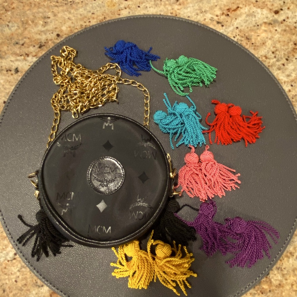 MCM Visetos Black Tambourine Round Tassle with Goldtone chain